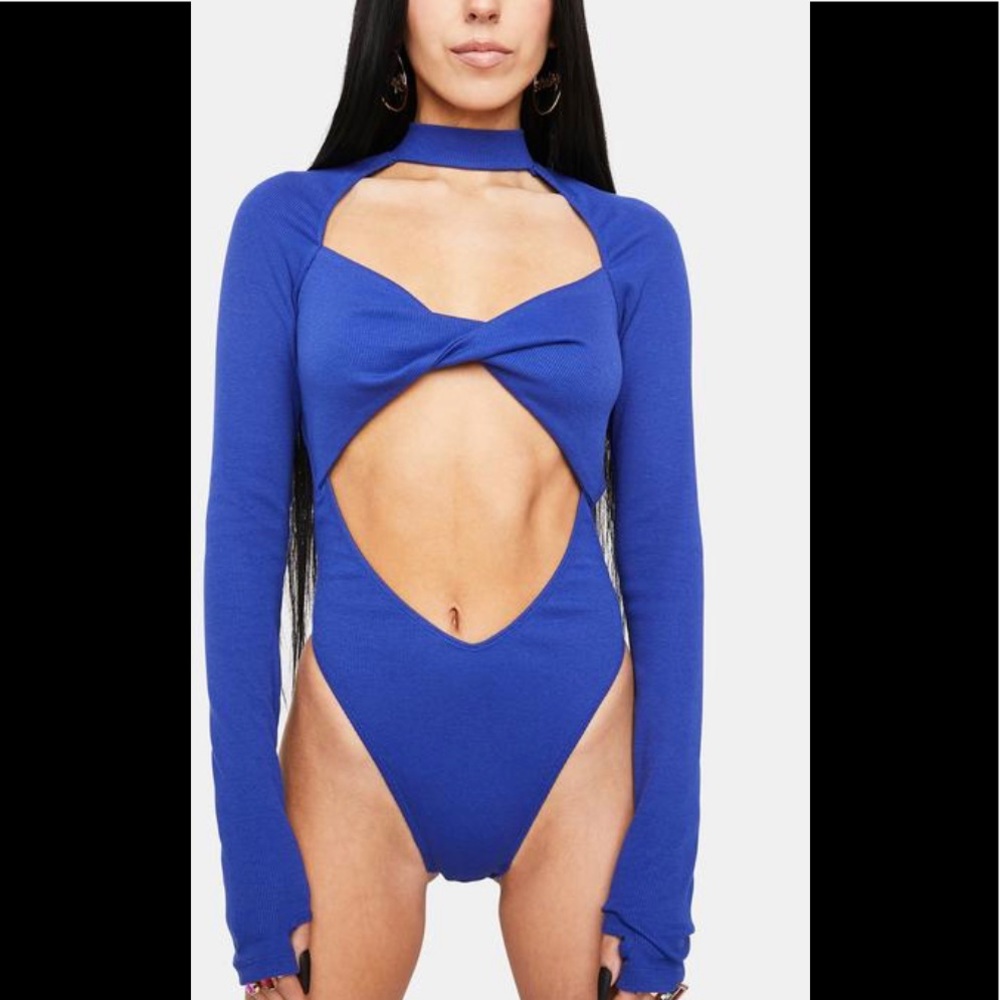 Horoscopes cobalt blue cut out ribbed knit thong body suit, size xxl (plus)